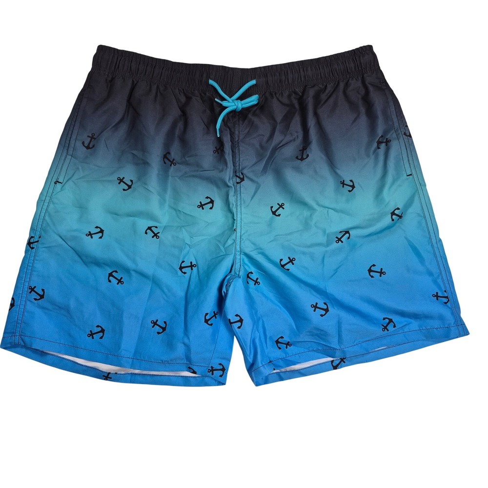 Men's Blue Ombre Anchor Swim Trunks XXL (Fits like XL) Elastic Waist Beach Short